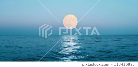 Full moon over blue sea water in pastel sky, nature background 113430953