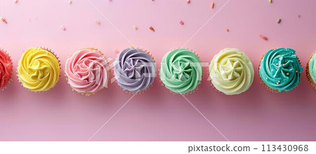 Flat lay of colorful birthday cupcakes on a pastel background, top view Flat lay of colorful birthday cupcakes on a pastel background, top view 113430968