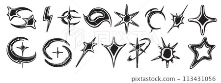 Y2k stars icon set, vector metal dark space shapes, retro futuristic cosmic black symbol collection Y2k stars icon set, vector metal dark space shapes, retro futuristic cosmic black symbol collection 113431056