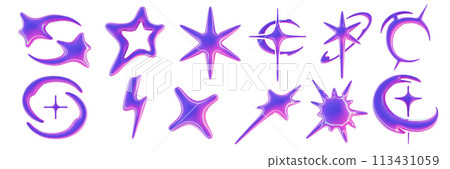 3D y2k star icon set, plastic space futuristic abstract shape, glossy neon cosmic design elements.  113431059