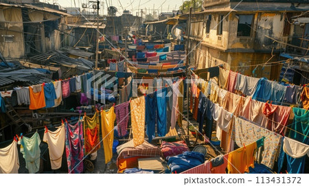 Mumbai. World's largest open-air laundry, Dhobi Ghat, with colorful clothes in the sun Mumbai. World's largest open-air laundry, Dhobi Ghat, with colorful clothes in the sun 113431372