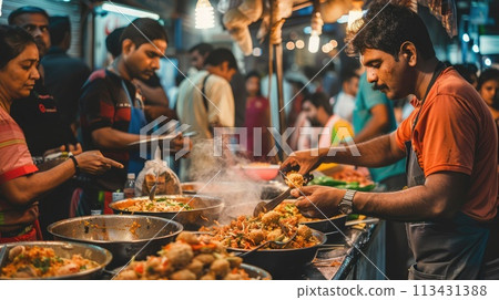 Mumbai. Street food in action with vada pav, Mumbai's favorite, attracting a crowd 113431388