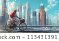 Mumbai. Traditional meal delivery by dabbawala among towering skyscrapers on his bike 113431391