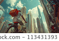 Mumbai. Skyscrapers tower over a dabbawala delivering meals in the financial area by bike 113431393