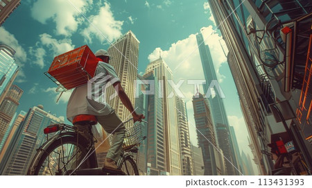 Mumbai. Skyscrapers tower over a dabbawala delivering meals in the financial area by bike Mumbai. Skyscrapers tower over a dabbawala delivering meals in the financial area by bike 113431393