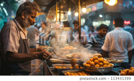 Mumbai. Mumbai's beloved vada pav draws a crowd at a bustling street stall Mumbai. Mumbai's beloved vada pav draws a crowd at a bustling street stall 113431399