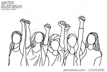 Woman power voting hands raising to sky. One continuous line art feminist online. Election day diversity concept. Hand drawing sketch people vector illustration 113431400
