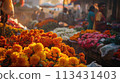 Mumbai. Vibrant marigold and lotus markets in Mumbai, buzzing with morning activity 113431403