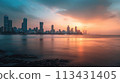 Mumbai. Marine Drive at sunset: calm waters against dynamic Mumbai cityscape 113431405