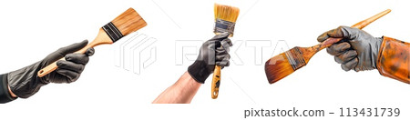 Set of brushes in a gloved hand isolated on a white or transparent background. Close-up of a brushes in hand, front view. Home renovation, artistic creativity. Graphic design element. Set of brushes in a gloved hand isolated on a white or transparent background. Close-up of a brushes in hand, front view. Home renovation, artistic creativity. Graphic design element. 113431739