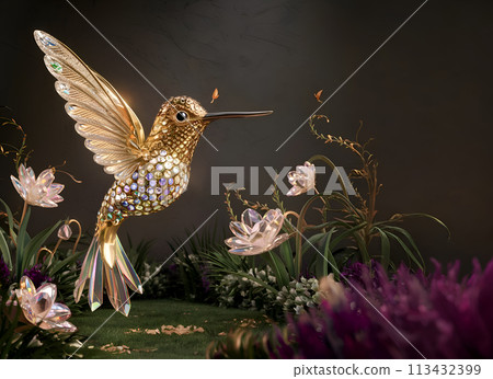 beautiful crystal jewelry hummingbird for branding and design. digital artwork.  Ai generated 113432399