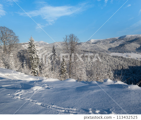 Winter Gorgany massiv mountains scenery view from Yablunytsia pass, Carpathians, Ukraine. 113432525