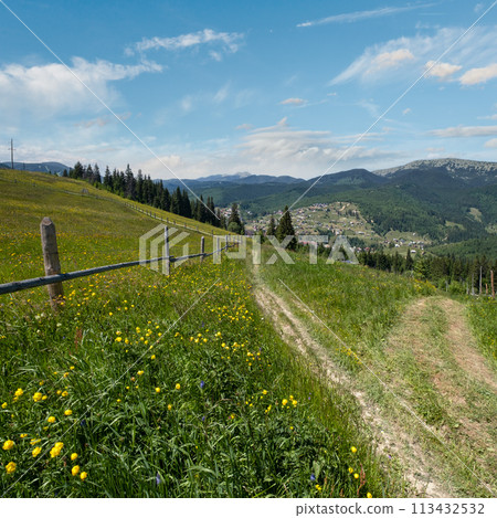 Summer Gorgany massiv mountains scenery view from Sevenei hill (near Yablunytsia pass, Carpathians, Ukraine.) 113432532
