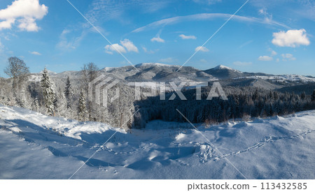 Winter Gorgany massiv mountains scenery view from Yablunytsia pass, Carpathians, Ukraine. Winter Gorgany massiv mountains scenery view from Yablunytsia pass, Carpathians, Ukraine. 113432585