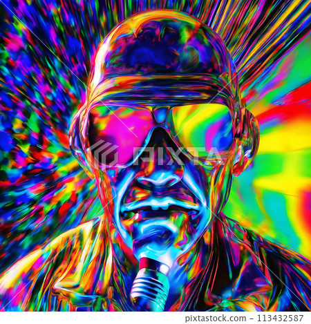 A visually striking image featuring a figure against a multicolored, psychedelic background. 113432587