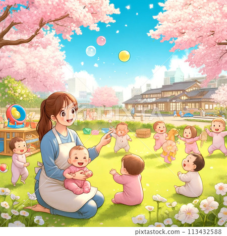 Children playing happily under the cherry blossom trees Children playing happily under the cherry blossom trees 113432588