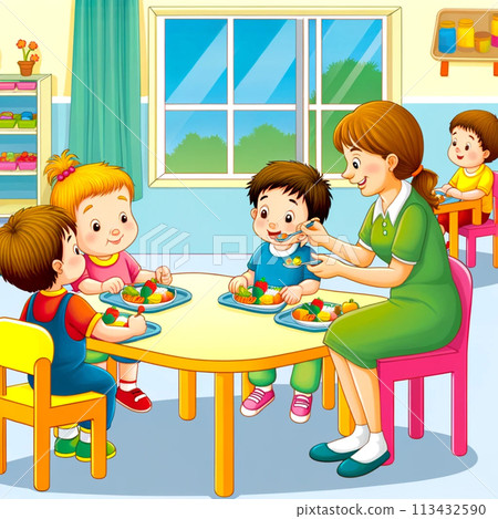 Children eating lunch at a nursery school Children eating lunch at a nursery school 113432590