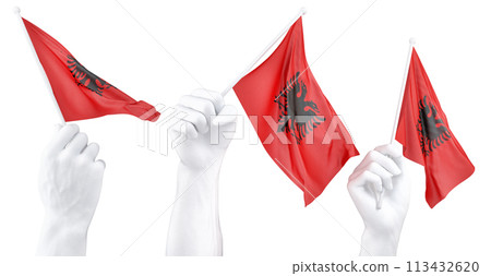 Hands waving Albania flags isolated on white 113432620