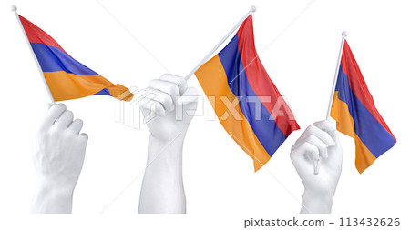 Hands waving Armenia flags isolated on white Hands waving Armenia flags isolated on white 113432626
