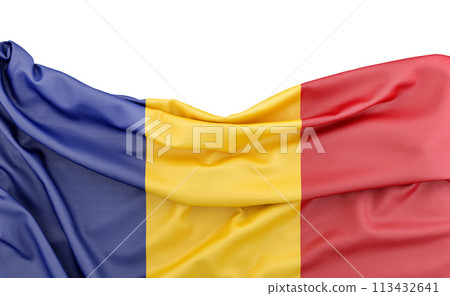 Flag of Romania isolated on white background with copy space above. 3D rendering 113432641