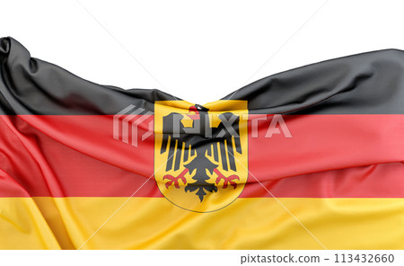 Flag of Germany with coat of arms isolated on white background with copy space above. 3D rendering 113432660