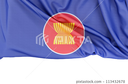 Flag of ASEAN isolated on white background with copy space below. 3D rendering Flag of ASEAN isolated on white background with copy space below. 3D rendering 113432678