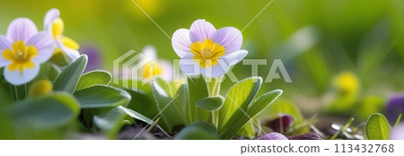 Close-up of dewy pansies shining in the soft morning light, against a blurred backdrop. 113432768