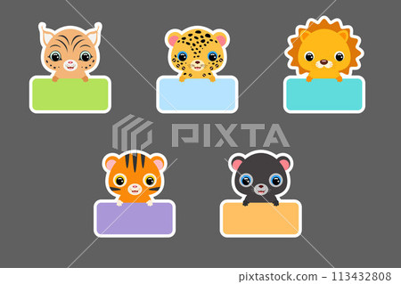 Sticky labels set for baby name. Cute cartoon animals shaped notepads, memo pad, colored school labels, scrapbooking, cards, baby shower, invitation. Vector stock illustration Sticky labels set for baby name. Cute cartoon animals shaped notepads, memo pad, colored school labels, scrapbooking, cards, baby shower, invitation. Vector stock illustration 113432808