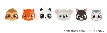 Cute funny animal heads. Wild cartoon animal characters for baby print design, baby shower celebration, greeting and invitation card. Flat vector stock illustration Cute funny animal heads. Wild cartoon animal characters for baby print design, baby shower celebration, greeting and invitation card. Flat vector stock illustration 113432827