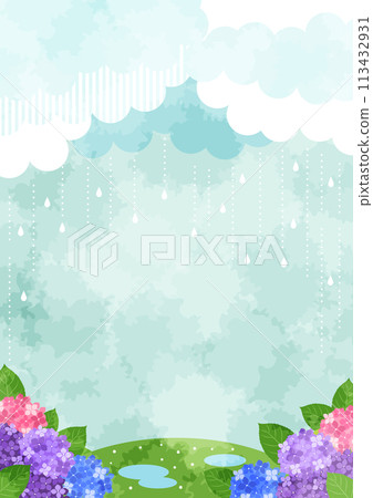 Rainy season, background, illustration, rain, hydrangea, dark, vertical, watercolor 113432931