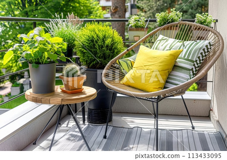 Springtime balcony decor, spring decorations with plants and flowers for urban balcony, home decor ideas 113433095
