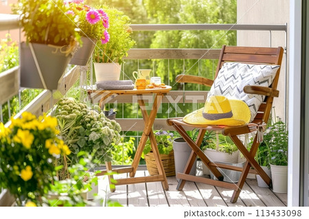 Springtime balcony decor, spring decorations with plants and flowers for urban balcony, home decor ideas 113433098