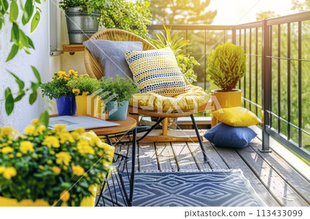 Springtime balcony decor, spring decorations with plants and flowers for urban balcony, home decor ideas 113433099
