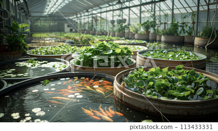 Aquaculture tanks within a greenhouse, showcasing the synergy of fish farming and plant cultivation, diffused daylight highlights the sustainable cycle of nutrients . Aquaculture tanks within a greenhouse, showcasing the synergy of fish farming and plant cultivation, diffused daylight highlights the sustainable cycle of nutrients . 113433331