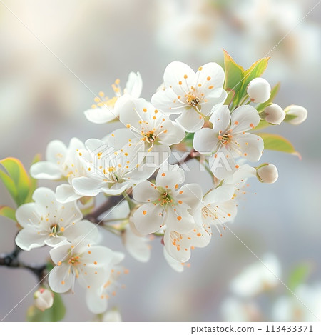 branch of a blossoming apple tree close-up, stock photo, in the style of light pink and dark indigo, minimalistic sketches of nature. Generative AI. 113433371