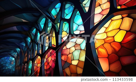 Vivid colors of stained glass mosaic window form a captivating geometric pattern, Ai Generated. 113433598