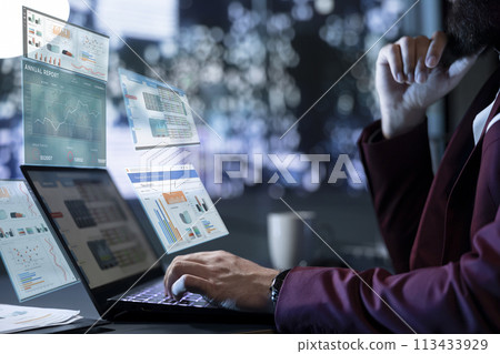 Investor examines valuation prices growth on stock market trends, analyzing risk investment on cryptocurrency system. Businessman follows capital exchange info charts, artificial intelligence icons. 113433929