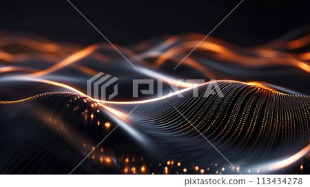 A mesmerizing light wavy shape emerges in the dark, creating an intriguing and mysterious ambiance, Ai Generated. 113434278