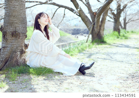 Woman sitting under cherry blossoms Woman sitting under cherry blossoms 113434591