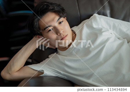 年輕人躺在沙發上 113434894