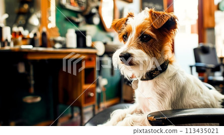 A small dog sitting in a chair at the barber shop, AI A small dog sitting in a chair at the barber shop, AI 113435021