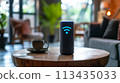 A coffee cup on a table next to an electronic device, AI 113435033