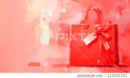 帶有可愛絲帶的紅色紙袋的水彩插圖 113435153