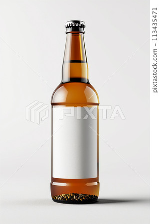 A bottle of beer with a white label and a brown cap 113435471
