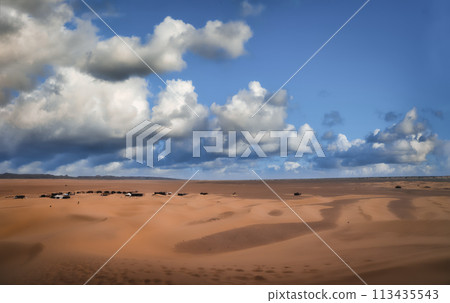 Sahara Desert camp seen from Mhamid El Ghizlane in southern Morocco 113435543