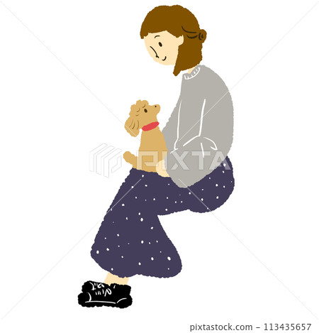Woman with pet dog on her lap 113435657