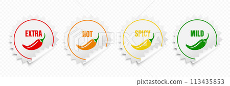 Realistic Vector Round Stickers with Spicy Chili Pepper Icon, Food Spicy Level. Red, Orange, Yellow, Green Jalapeno Pepper Strength Scale Sticker Indicators with Mild, Spicy, Hot and Extra Positions 113435853