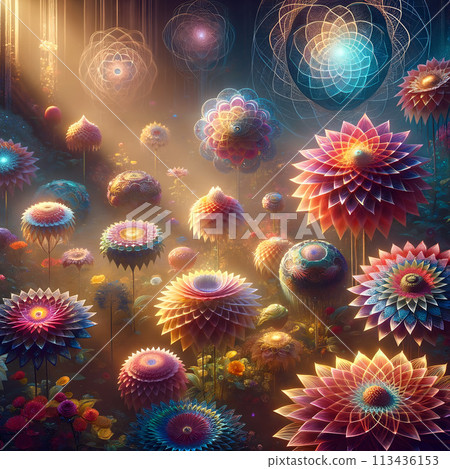 A vibrant, ethereal garden brimming with sacred geometry flowers. 113436153