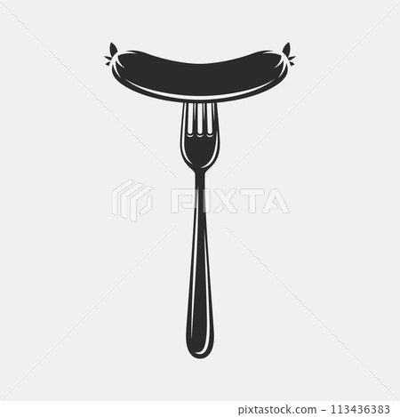 Vector Monochrome Sausage and Fork Closeup Isolated. Sausage Design Template, Clipart Vector Monochrome Sausage and Fork Closeup Isolated. Sausage Design Template, Clipart 113436383