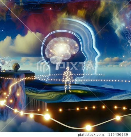 A digital illustration which is a fusion of cosmic and cognitive themes. A digital illustration which is a fusion of cosmic and cognitive themes. 113436389